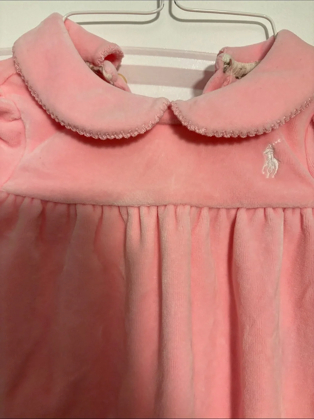 Vintage White Label Ralph Lauren Pink Velour Footed One-Piece Scalloped Collar
